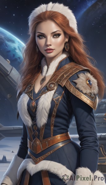 1girl,solo,long hair,breasts,looking at viewer,brown hair,gloves,hat,cleavage,brown eyes,jewelry,medium breasts,earrings,sky,necklace,armor,lips,coat,fur trim,makeup,star (sky),eyeshadow,starry sky,nose,red lips,space,fur-trimmed sleeves,planet,fur hat,earth (planet),spacecraft,long sleeves,closed mouth,weapon,belt,artist name,orange hair,night,lipstick,realistic