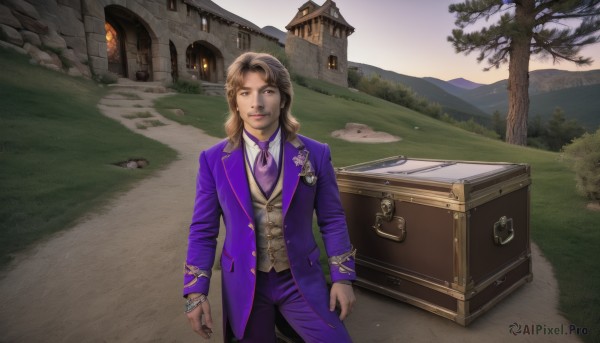 solo,long hair,looking at viewer,smile,brown hair,shirt,long sleeves,1boy,brown eyes,jewelry,standing,jacket,white shirt,male focus,outdoors,day,pants,vest,tree,ascot,formal,suit,grass,building,watch,purple jacket,house,suitcase,purple vest,purple pants,1girl,bangs,ribbon,parted lips,open clothes,sky,teeth,lips,window,scenery,mountain,realistic,blue pants,waistcoat,mountainous horizon,town,purple coat,briefcase