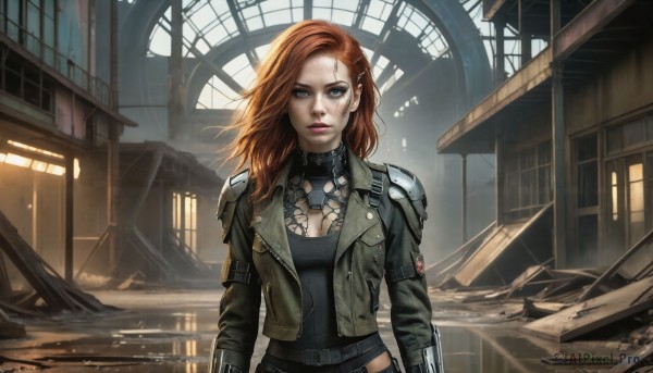 HQ,1girl,solo,long hair,breasts,looking at viewer,blue eyes,brown hair,hair ornament,long sleeves,cleavage,medium breasts,jacket,upper body,open clothes,hairclip,belt,artist name,orange hair,armor,open jacket,lips,clothing cutout,window,makeup,watermark,cleavage cutout,shoulder armor,building,web address,freckles,cropped jacket,green jacket,realistic,nose,leather,red hair,parted lips,indoors,leotard,bodysuit,scar,science fiction,emblem,dirty