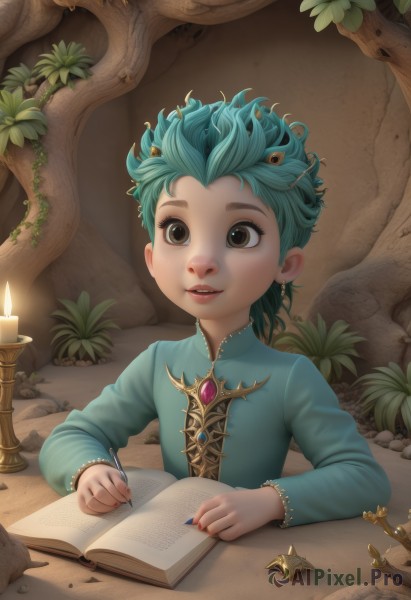 1girl,solo,short hair,shirt,long sleeves,1boy,holding,brown eyes,jewelry,sitting,blue hair,upper body,male focus,parted lips,green hair,indoors,nail polish,tree,lips,book,aqua hair,leaf,watermark,table,aged down,plant,brooch,gem,child,web address,androgynous,paper,open book,pen,candle,male child,pencil,writing,quill,candlelight,smile,green eyes,earrings,teeth,artist name