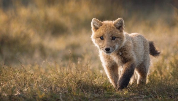 looking at viewer,blue eyes,outdoors,blurry,no humans,depth of field,blurry background,animal,grass,nature,dog,realistic,animal focus,solo,sky,signature,fire,scenery,field