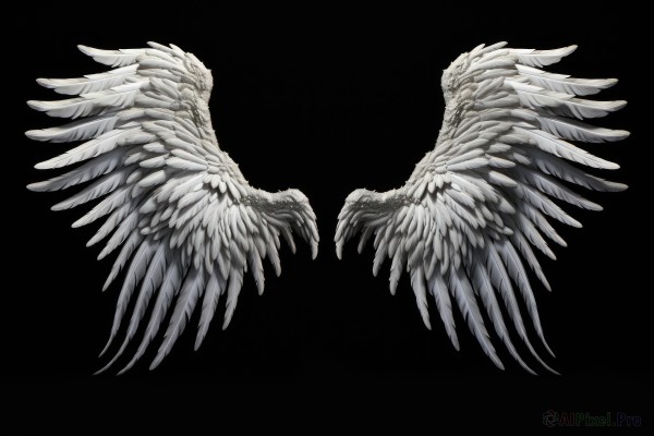 simple background,monochrome,greyscale,wings,no humans,black background,feathered wings,angel wings,angel,multiple wings,spread wings,symmetry,contrast,from side,bird,feathers,talons