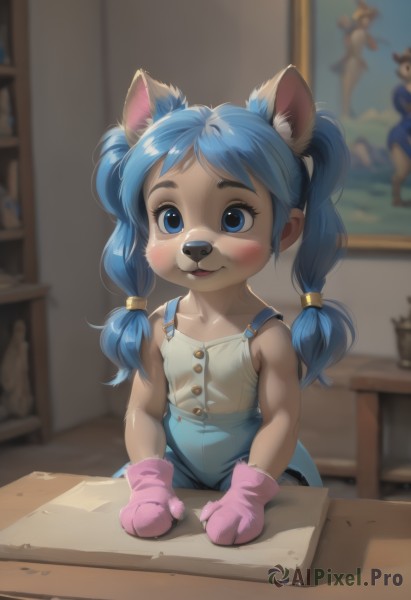 1girl,solo,long hair,blush,smile,open mouth,blue eyes,shirt,gloves,animal ears,twintails,blue hair,collarbone,white shirt,upper body,indoors,flat chest,animal ear fluff,loli,sleeveless shirt,table,furry,desk,animal hands,furry female,female child,overalls,body fur,animal nose,pink gloves,snout,blue overalls,looking at viewer,bangs,bare shoulders,parted lips,teeth,cat ears,blurry,:3,buttons,blurry background,extra ears