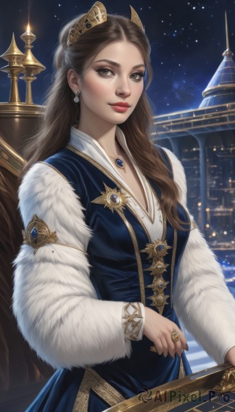 1girl,solo,long hair,breasts,looking at viewer,smile,brown hair,hair ornament,long sleeves,dress,brown eyes,jewelry,earrings,sky,necklace,lips,fur trim,night,blue dress,chair,ring,tiara,crown,gem,star (sky),night sky,starry sky,realistic,cleavage,medium breasts,upper body,outdoors,mole,makeup,lipstick,red lips