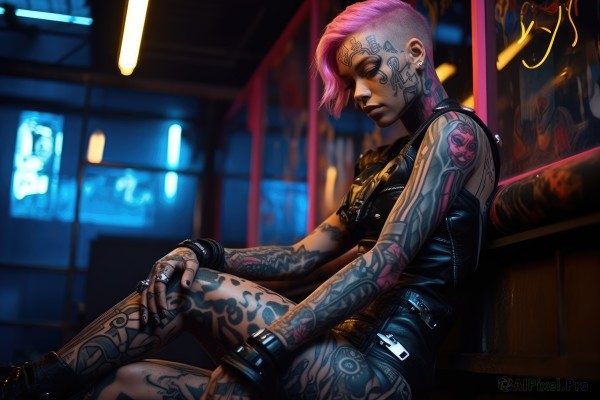 1girl,solo,breasts,short hair,gloves,jewelry,sitting,closed mouth,pink hair,earrings,boots,shorts,belt,fingerless gloves,nail polish,blurry,from side,tattoo,blurry background,piercing,ring,ear piercing,black nails,arm tattoo,undercut,facial tattoo,cyberpunk,neck tattoo,graffiti,neon lights,shoes,bracelet,lips,night,crossed legs,asymmetrical hair,nose,very short hair,cyborg,leg tattoo,full-body tattoo