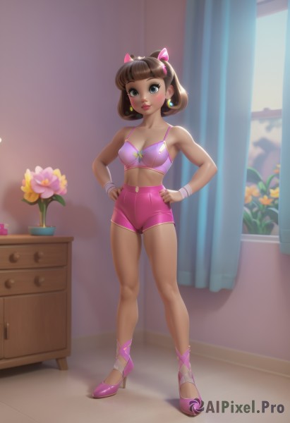 1girl,solo,breasts,looking at viewer,blush,smile,short hair,bangs,brown hair,bow,navel,cleavage,bare shoulders,brown eyes,jewelry,medium breasts,closed mouth,underwear,standing,collarbone,full body,ponytail,flower,hair bow,hairband,earrings,small breasts,shoes,shorts,day,midriff,artist name,indoors,dark skin,blunt bangs,bra,black eyes,high heels,dark-skinned female,lips,short shorts,eyelashes,window,makeup,watermark,plant,lipstick,curtains,pink bow,wristband,pink flower,legs apart,hands on hips,pink lips,yellow flower,pink bra,pink footwear,potted plant,vase,pink shorts,drawer,high-waist shorts,chest of drawers,blue eyes,animal ears,cat ears,bracelet,covered nipples,fake animal ears,eyeshadow,wooden floor,eyeliner