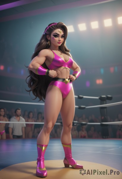 1girl,long hair,breasts,looking at viewer,smile,multiple girls,brown hair,black hair,navel,cleavage,bare shoulders,brown eyes,jewelry,medium breasts,very long hair,closed mouth,standing,collarbone,full body,thighs,multicolored hair,hairband,earrings,boots,multiple boys,shorts,solo focus,midriff,belt,artist name,indoors,star (symbol),nail polish,blurry,high heels,lips,crop top,makeup,muscular,blurry background,wavy hair,abs,thick eyebrows,lipstick,wristband,eyeshadow,high heel boots,toned,hands on hips,sports bra,pink footwear,muscular female,eyeliner,purple footwear,crowd,wrestling outfit,lights,wrestling ring,pink belt,large breasts,dark skin,dark-skinned female,facial mark,forehead jewel,biceps,flexing,stadium,gym