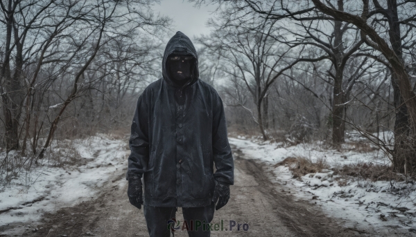 solo,looking at viewer,gloves,long sleeves,1boy,standing,jacket,yellow eyes,male focus,outdoors,black gloves,pants,hood,tree,coat,black jacket,black pants,nature,scenery,hooded jacket,snow,hood up,forest,winter clothes,winter,bare tree,fog,hat,cowboy shot,sky,open jacket,glowing,denim,glowing eyes,grey sky