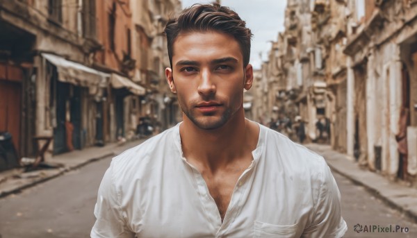 solo,looking at viewer,short hair,brown hair,shirt,black hair,1boy,white shirt,upper body,male focus,earrings,outdoors,day,collared shirt,blurry,black eyes,looking to the side,blurry background,facial hair,building,beard,city,mature male,realistic,stubble,partially unbuttoned,chest hair,photo background,jewelry,closed mouth,lips,depth of field,road,street