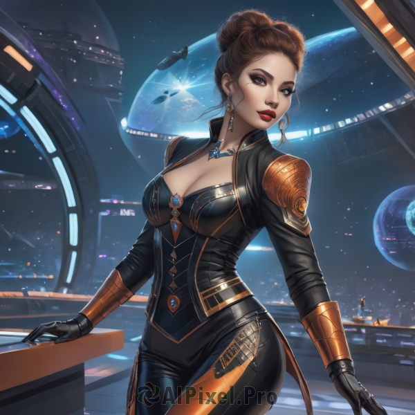 1girl,solo,breasts,looking at viewer,short hair,large breasts,brown hair,gloves,cleavage,brown eyes,jewelry,medium breasts,standing,cowboy shot,earrings,black gloves,necklace,hair bun,mole,lips,bodysuit,makeup,watermark,single hair bun,lipstick,star (sky),science fiction,black bodysuit,red lips,eyeliner,space,planet,spacecraft,artist name,tattoo,gem,eyeshadow,curly hair,hoop earrings,realistic,nose,leather,facial tattoo,earth (planet)