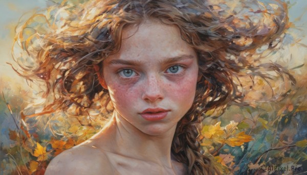 1girl,solo,long hair,looking at viewer,blue eyes,brown hair,bare shoulders,closed mouth,collarbone,flower,lips,grey eyes,floating hair,leaf,traditional media,wind,portrait,freckles,realistic,nose,artist name,signature,eyelashes,red lips