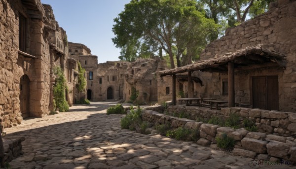 outdoors,sky,day,tree,blue sky,no humans,window,shadow,sunlight,grass,plant,building,scenery,stairs,door,road,bush,wall,ruins,house,path,stone wall,shade,architecture,arch,pavement