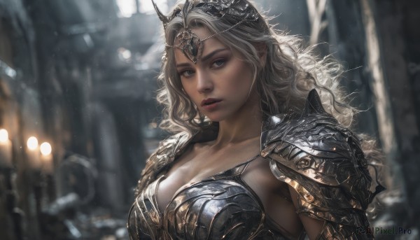 1girl,solo,long hair,breasts,looking at viewer,blue eyes,blonde hair,large breasts,cleavage,medium breasts,closed mouth,collarbone,upper body,white hair,grey hair,outdoors,pointy ears,armor,blurry,lips,eyelashes,makeup,depth of field,blurry background,wavy hair,tiara,elf,shoulder armor,snow,pauldrons,circlet,breastplate,snowing,realistic,nose,red lips,bikini armor,jewelry,parted lips,grey eyes,expressionless,sunlight,curly hair,bokeh