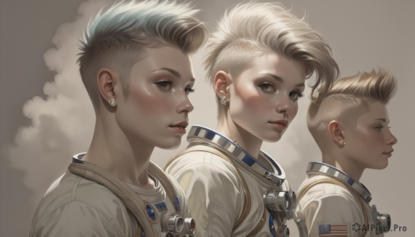 looking at viewer,short hair,blonde hair,brown eyes,jewelry,upper body,grey hair,male focus,earrings,parted lips,multiple boys,cloud,dark skin,from side,lips,looking to the side,profile,multiple views,realistic,nose,undercut,american flag,spacesuit,astronaut,1girl,blush,closed mouth,grey background,piercing,portrait,freckles,science fiction,very short hair,mohawk