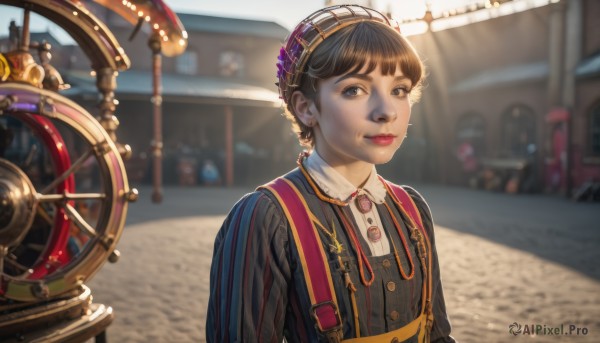 1girl,solo,looking at viewer,smile,short hair,bangs,brown hair,shirt,black hair,hat,brown eyes,jewelry,closed mouth,upper body,earrings,outdoors,day,striped,collared shirt,bag,blurry,black eyes,lips,buttons,depth of field,blurry background,backpack,suspenders,ground vehicle,vertical stripes,androgynous,freckles,striped shirt,realistic,nose,road,very short hair,vertical-striped shirt,blue eyes,long sleeves,dress,white shirt,makeup,sunlight,thick eyebrows,lipstick,red lips