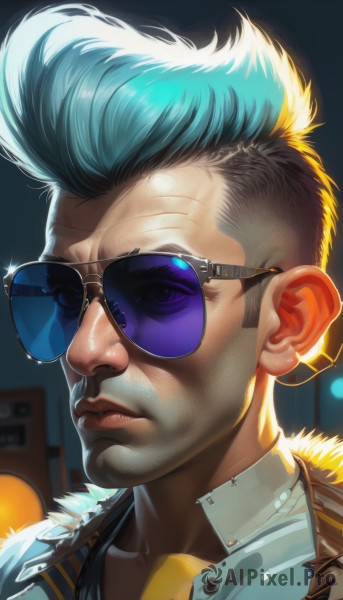 solo,looking at viewer,shirt,1boy,blue hair,collarbone,jacket,male focus,multicolored hair,parted lips,two-tone hair,lips,fur trim,sunglasses,portrait,realistic,nose,pompadour,mohawk,aviator sunglasses,short hair,closed mouth,artist name,signature,blurry,tattoo,blurry background,facial hair,close-up,backlighting,undercut,cyborg,cyberpunk