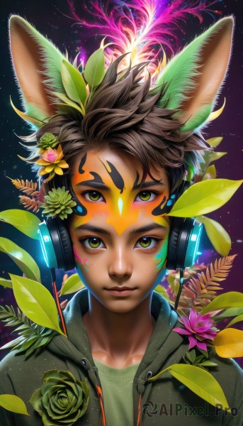 solo,looking at viewer,short hair,brown hair,shirt,hair ornament,1boy,animal ears,brown eyes,closed mouth,green eyes,collarbone,jacket,yellow eyes,upper body,flower,male focus,hair flower,dark skin,hood,lips,fox ears,hoodie,rose,headphones,leaf,watermark,facial mark,dark-skinned male,hood down,plant,portrait,star (sky),hooded jacket,pink flower,starry sky,yellow flower,nose,fireworks,green flower,open clothes,artist name,rabbit ears,extra ears,facepaint