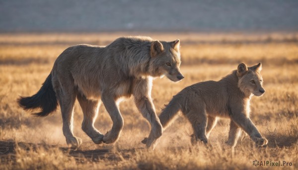 closed mouth,standing,full body,outdoors,sky,signature,blurry,from side,no humans,depth of field,blurry background,animal,grass,dog,realistic,field,animal focus,wolf,profile