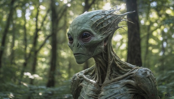 solo, looking at viewer, blue eyes, closed mouth, upper body, outdoors, blurry, tree, no humans, depth of field, blurry background, colored skin, nature, forest, monster, realistic, alien