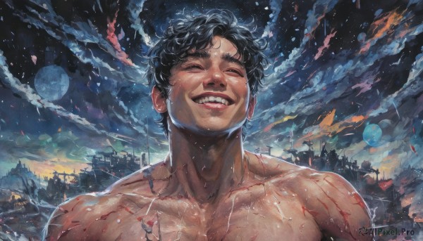 solo,smile,short hair,open mouth,black hair,1boy,collarbone,closed eyes,upper body,male focus,outdoors,sky,teeth,cloud,grin,wet,blood,muscular,night,scar,moon,cloudy sky,building,star (sky),night sky,facing viewer,full moon,starry sky,injury,realistic,flag,manly,signature,veins,topless male,lightning,destruction