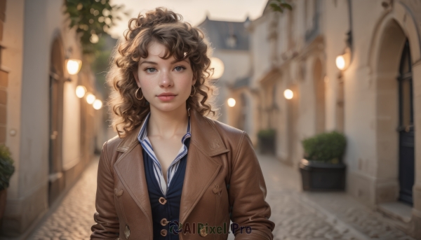 1girl,solo,long hair,looking at viewer,blue eyes,brown hair,shirt,brown eyes,jewelry,closed mouth,collarbone,jacket,upper body,earrings,outdoors,open clothes,day,striped,collared shirt,blurry,lips,coat,buttons,depth of field,blurry background,wavy hair,blue shirt,plant,building,messy hair,sleeves rolled up,curly hair,brown jacket,hoop earrings,realistic,nose,door,unbuttoned,potted plant,road,brown coat,street,pavement,smile,bangs,white shirt,parted lips,vest,open jacket,grey eyes,eyelashes,makeup,formal,sunlight,backlighting,open coat,city,bokeh