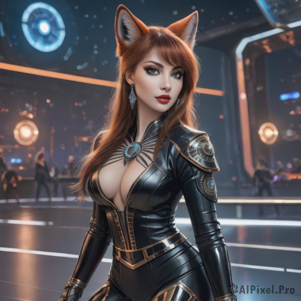 1girl,solo,long hair,breasts,looking at viewer,bangs,large breasts,brown hair,gloves,animal ears,cleavage,brown eyes,jewelry,standing,cowboy shot,earrings,parted lips,solo focus,black gloves,cat ears,mole,blurry,lips,fox ears,bodysuit,makeup,night,blurry background,lipstick,gem,skin tight,eyeshadow,center opening,black bodysuit,red lips,eyeliner,long sleeves,medium breasts,closed mouth,outdoors,shiny,belt,artist name,signature,armor,clothing cutout,fake animal ears,swept bangs,cleavage cutout,thick eyebrows,fox girl,extra ears,shiny clothes,realistic,nose,lights