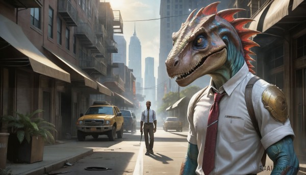 HQ,shirt,1boy,school uniform,standing,yellow eyes,white shirt,short sleeves,male focus,outdoors,multiple boys,necktie,sky,teeth,day,collared shirt,pants,cloud,2boys,bag,black pants,backpack,plant,sharp teeth,red necktie,ground vehicle,building,scenery,motor vehicle,walking,monster,city,car,potted plant,road,scales,police,street,police uniform,alley,red hair,uniform,colored skin,realistic