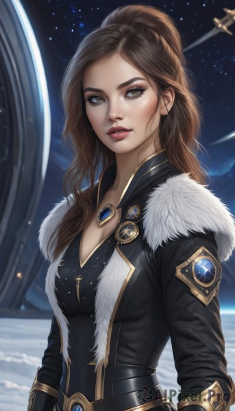 1girl,solo,long hair,breasts,looking at viewer,brown hair,long sleeves,cleavage,brown eyes,jewelry,medium breasts,upper body,ponytail,outdoors,parted lips,sky,belt,artist name,armor,lips,fur trim,makeup,night,star (sky),snow,starry sky,freckles,nose,jacket,signature,necklace,bodysuit,realistic,space,planet,spacecraft