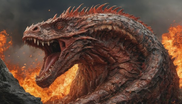 solo,open mouth,red eyes,outdoors,teeth,tongue,from side,no humans,fangs,fire,sharp teeth,claws,smoke,monster,dragon,scales,dinosaur,kaijuu,horns,spikes,breathing fire,molten rock