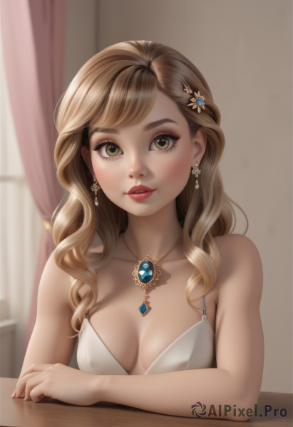 1girl,solo,long hair,breasts,looking at viewer,blush,brown hair,hair ornament,dress,cleavage,bare shoulders,brown eyes,jewelry,medium breasts,green eyes,collarbone,upper body,earrings,sleeveless,indoors,necklace,white dress,blurry,lips,eyelashes,window,makeup,wavy hair,table,curtains,gem,pendant,red lips,mascara,bangs,blonde hair,parted lips,hairclip,nail polish,fingernails,red nails,eyeshadow,realistic