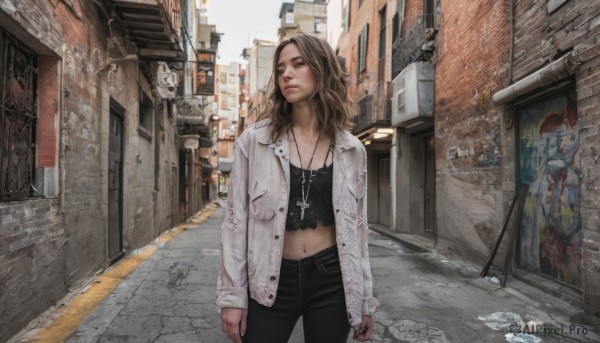 1girl,solo,long hair,brown hair,shirt,long sleeves,navel,brown eyes,jewelry,standing,jacket,cowboy shot,outdoors,open clothes,day,midriff,pants,necklace,open jacket,lips,crop top,looking to the side,buttons,black pants,white jacket,cross,denim,building,scenery,jeans,city,realistic,arms at sides,unbuttoned,road,cross necklace,street,alley,pavement,denim jacket,blonde hair,cityscape,poster (object),real world location,vanishing point