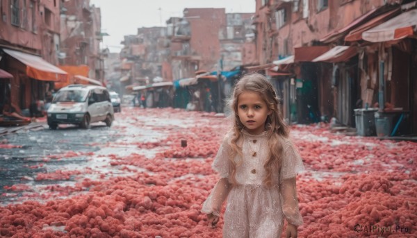 1girl,solo,long hair,looking at viewer,blue eyes,blonde hair,long sleeves,dress,jewelry,standing,outdoors,white dress,lips,ground vehicle,building,scenery,motor vehicle,city,realistic,car,earrings,solo focus,day,umbrella,wavy hair,lipstick,road,street