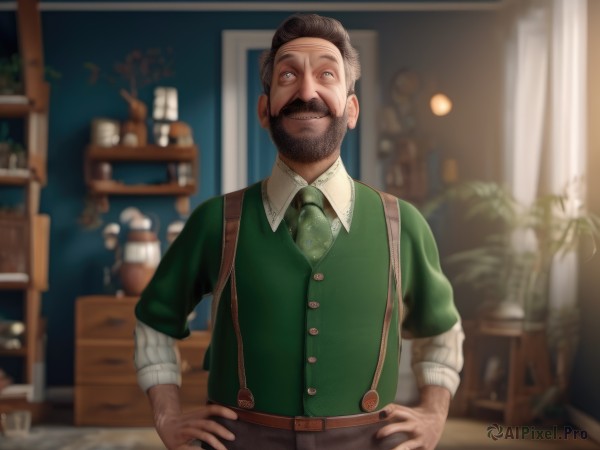 solo,smile,short hair,brown hair,shirt,black hair,long sleeves,1boy,standing,white shirt,upper body,short sleeves,male focus,necktie,collared shirt,belt,pants,indoors,blurry,vest,window,buttons,blurry background,facial hair,suspenders,plant,beard,sleeves rolled up,hands on hips,realistic,green shirt,mustache,lamp,green vest,green necktie,shelf,looking at viewer,grin,depth of field,brown belt,brown pants