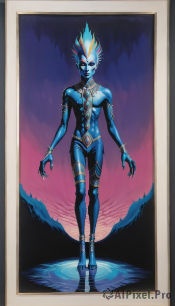 1girl,solo,looking at viewer,red eyes,jewelry,blue hair,standing,full body,earrings,barefoot,water,bracelet,lips,colored skin,colored sclera,toenails,anklet,blue skin,ripples,alien,framed,zora,walking on liquid,breasts,small breasts,necklace,high heels,fingernails,makeup,glowing,facial mark,lipstick,long legs