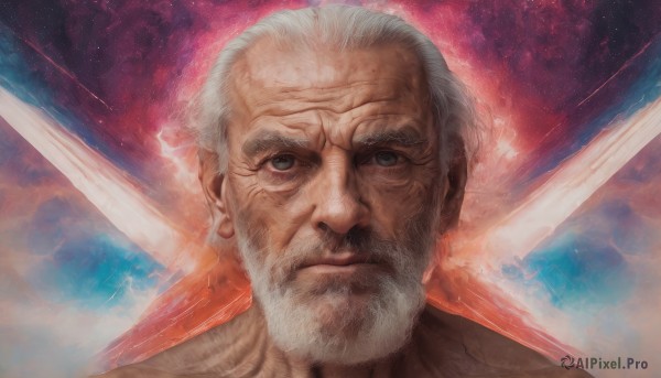 solo,looking at viewer,1boy,closed mouth,white hair,grey hair,male focus,facial hair,portrait,star (sky),beard,realistic,space,manly,old,old man,shooting star,wrinkled skin,upper body,grey eyes,scar,science fiction,mustache