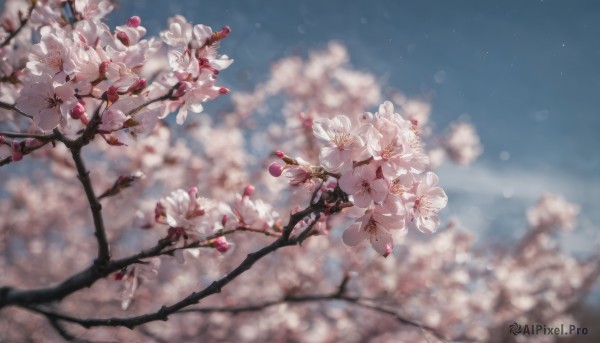 flower, outdoors, sky, day, blurry, tree, blue sky, no humans, depth of field, cherry blossoms, scenery, branch