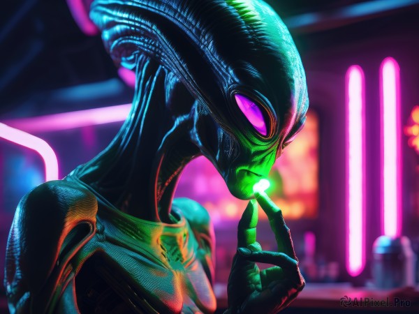 solo,looking at viewer,1boy,purple eyes,upper body,male focus,hand up,blurry,blurry background,colored skin,helmet,science fiction,alien,neon lights,from side,bodysuit,profile,glowing,green skin,tokusatsu