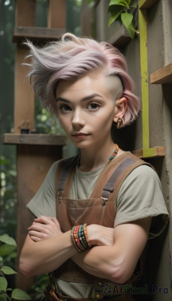 1girl,solo,looking at viewer,short hair,shirt,1boy,jewelry,closed mouth,white shirt,upper body,pink hair,white hair,short sleeves,male focus,earrings,outdoors,day,belt,artist name,necklace,mole,blurry,black eyes,bracelet,lips,grey eyes,blurry background,leaf,crossed arms,plant,wind,androgynous,freckles,realistic,nose,overalls,blue eyes,t-shirt