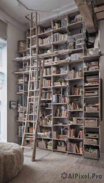 indoors,book,no humans,window,chair,table,sunlight,plant,box,scenery,wooden floor,stairs,door,bookshelf,potted plant,lamp,shelf,library,ceiling,ladder,ceiling light,air conditioner