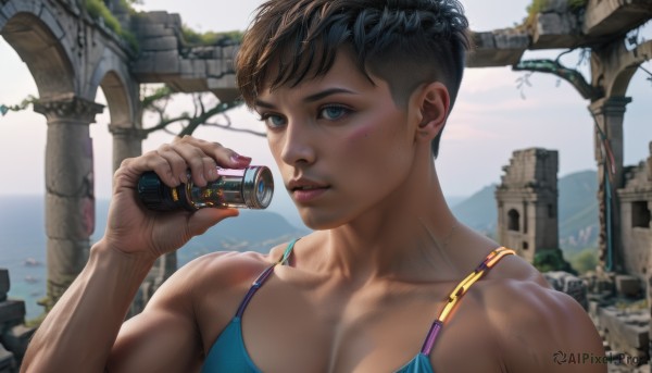 1girl,solo,breasts,looking at viewer,short hair,blue eyes,brown hair,black hair,holding,bare shoulders,jewelry,collarbone,upper body,earrings,outdoors,sky,day,dark skin,water,nail polish,dark-skinned female,tree,lips,fingernails,muscular,tank top,freckles,realistic,nose,can,muscular female,stud earrings,very short hair,undercut,ruins,bangs,swimsuit,bikini,parted lips,necklace,makeup,ocean,piercing,ear piercing,blue bikini,pink nails,veins,overgrown,blue tank top