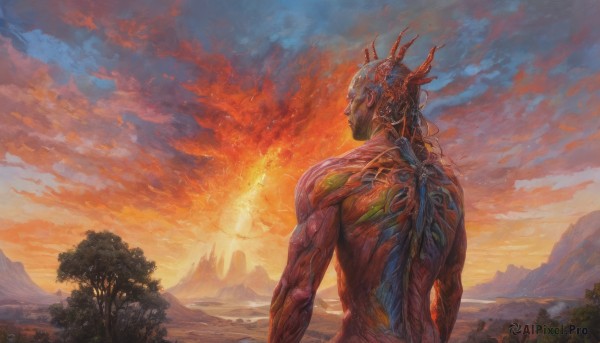 solo,1boy,upper body,male focus,outdoors,wings,horns,sky,cloud,signature,from behind,tree,tattoo,muscular,back,cloudy sky,fire,nature,scenery,1other,forest,sunset,mountain,fantasy,mountainous horizon,orange sky,back tattoo,red sky,no humans,glowing,monster,twilight,evening,alien,sunrise