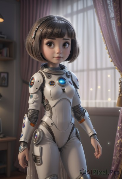 1girl,solo,breasts,looking at viewer,smile,short hair,bangs,brown hair,black hair,brown eyes,closed mouth,standing,cowboy shot,small breasts,indoors,blunt bangs,armor,blurry,lips,window,bodysuit,depth of field,blurry background,bob cut,curtains,freckles,science fiction,realistic,nose,arms at sides,cyborg,grey bodysuit,bookshelf