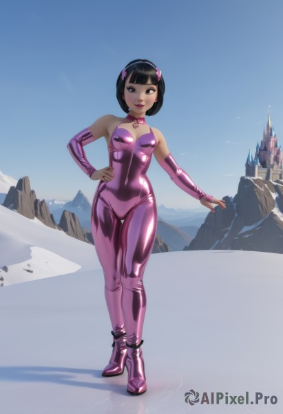 1girl,solo,breasts,looking at viewer,blush,smile,short hair,bangs,black hair,hair ornament,gloves,bare shoulders,brown eyes,standing,full body,hairband,small breasts,boots,outdoors,detached sleeves,sky,choker,day,elbow gloves,shiny,blunt bangs,nail polish,black eyes,high heels,blue sky,lips,hand on hip,bodysuit,makeup,bob cut,lipstick,skin tight,shiny clothes,mountain,latex,purple bodysuit,pink bodysuit,latex bodysuit,collar,clothing cutout,covered navel,cleavage cutout,bridal gauntlets,snow,pink footwear,castle,desert