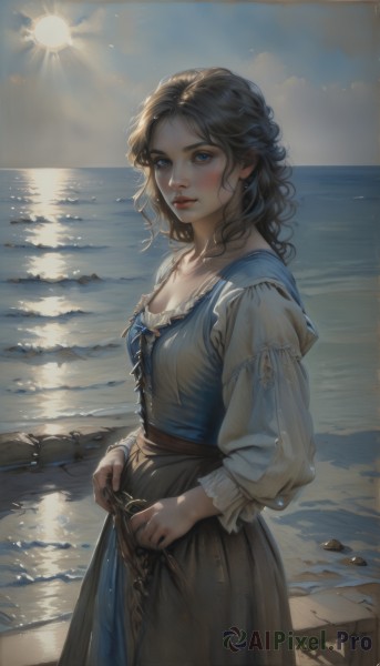 1girl,solo,long hair,breasts,looking at viewer,blush,smile,blue eyes,skirt,brown hair,shirt,black hair,long sleeves,dress,cleavage,jewelry,medium breasts,standing,collarbone,white shirt,cowboy shot,earrings,outdoors,parted lips,sky,day,puffy sleeves,cloud,medium hair,water,from side,lips,eyelashes,ocean,wavy hair,beach,sunlight,juliet sleeves,blouse,corset,puffy long sleeves,backlighting,freckles,curly hair,sunset,brown skirt,realistic,nose,sun,horizon,mole on cheek,bangs,closed mouth,frills,signature,apron,see-through,parted bangs,blue dress,cloudy sky,reflection,rock,skirt hold,red lips,waves,shore