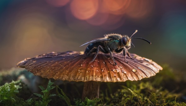 flower,outdoors,wings,blurry,tree,no humans,depth of field,blurry background,animal,grass,bug,plant,realistic,antennae,mushroom,animal focus,insect wings,solo,artist name,signature,nature,flying,monster