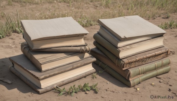 weapon,outdoors,day,gun,book,no humans,shadow,grass,plant,nature,scenery,bullet,still life,log,ammunition,wood,book stack