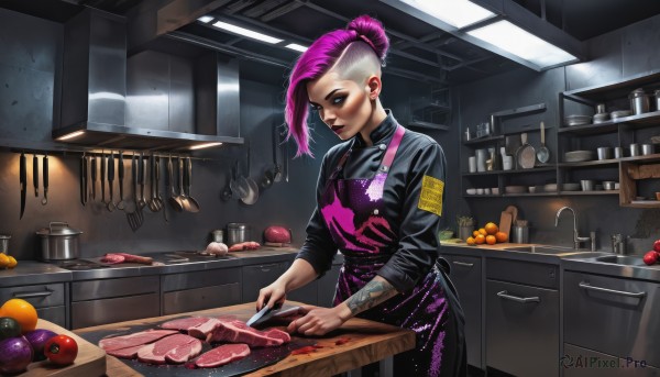 1girl,solo,smile,blue eyes,long sleeves,holding,closed mouth,standing,pink hair,purple hair,white hair,multicolored hair,earrings,food,indoors,hair bun,apron,two-tone hair,lips,black shirt,tattoo,makeup,fruit,scar,looking down,single hair bun,knife,lipstick,steam,scar on face,plate,eyeshadow,asymmetrical hair,nose,apple,holding knife,undercut,cooking,kitchen,sleeves pushed up,tomato,pink apron,cabinet,stove,potato,kitchen knife,cutting board,onion,long hair,looking at viewer,short hair,bangs,shirt,jewelry,ponytail,parted lips,alternate costume,piercing,ear piercing,armband,sleeves rolled up,realistic,carrot,arm tattoo,very short hair,meat,orange (fruit),mohawk,sink,spatula,counter,refrigerator,cleaver