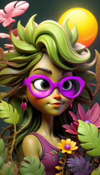 1girl,solo,long hair,smile,bare shoulders,jewelry,closed mouth,collarbone,upper body,flower,earrings,green hair,glasses,pointy ears,artist name,black eyes,lips,makeup,colored skin,leaf,watermark,moon,plant,lipstick,monster girl,pink flower,green skin,vines,pink-framed eyewear,plant girl,breasts,hair ornament,brown eyes,sleeveless,hair flower,eyelashes,sunglasses,tank top,web address,freckles,sun,purple-framed eyewear