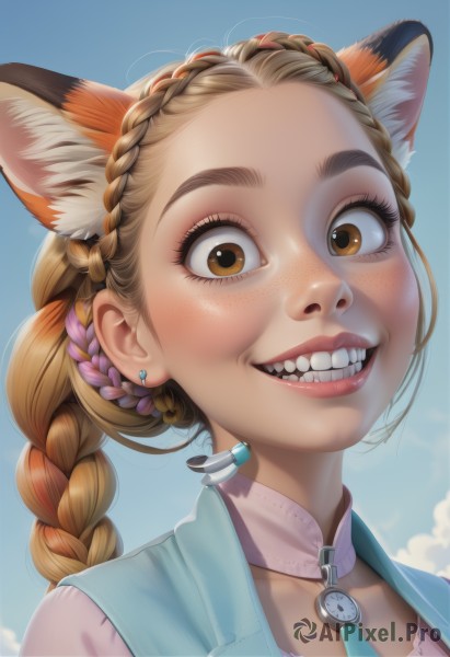 1girl,solo,long hair,looking at viewer,blush,smile,open mouth,blonde hair,brown hair,hair ornament,animal ears,brown eyes,jewelry,upper body,braid,flower,multicolored hair,earrings,outdoors,necktie,sky,teeth,choker,day,cloud,cat ears,hair flower,grin,vest,blue sky,lips,animal ear fluff,fox ears,eyelashes,makeup,blue background,ear piercing,portrait,extra ears,forehead,freckles,watch,realistic,nose,wristwatch,crown braid,bangs,shirt,artist name,signature,collar,two-tone hair,single braid,fangs,watermark,thick eyebrows,braided bangs,earpiece