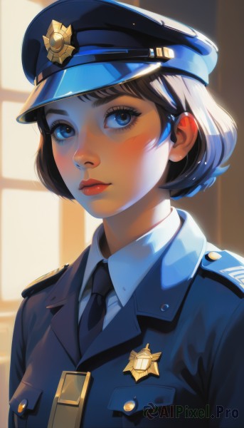 1girl,solo,looking at viewer,short hair,bangs,blue eyes,brown hair,shirt,black hair,hat,closed mouth,jacket,white shirt,upper body,necktie,collared shirt,artist name,uniform,lips,eyelashes,makeup,lipstick,blue jacket,black necktie,blue headwear,backlighting,pocket,blue necktie,nose,red lips,badge,police,police uniform,policewoman,police hat,blush,blue shirt,wing collar,pink lips,thick lips